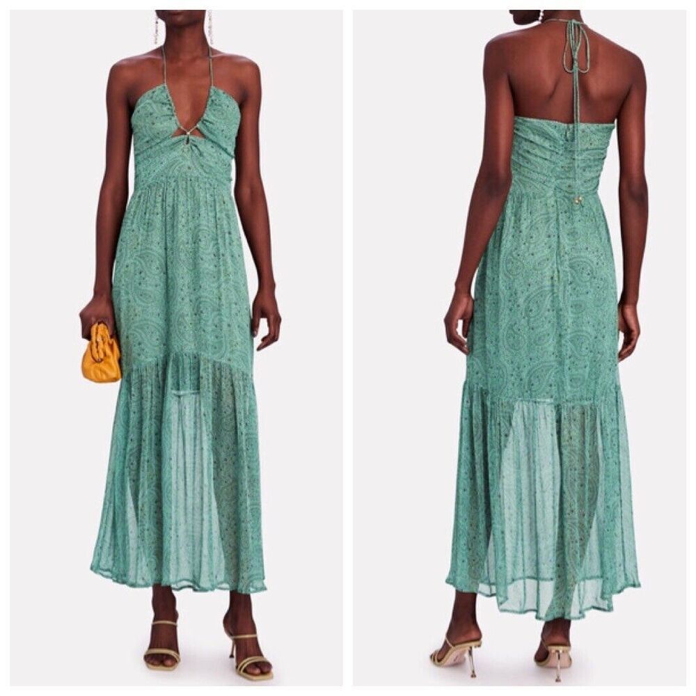 3/$30 Suboo Stella Cut-Out Chiffon Maxi Halter Dress Green Women Size XS Flawed